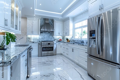 Kitchen furnished with stainless steel appliances and marble countertops
