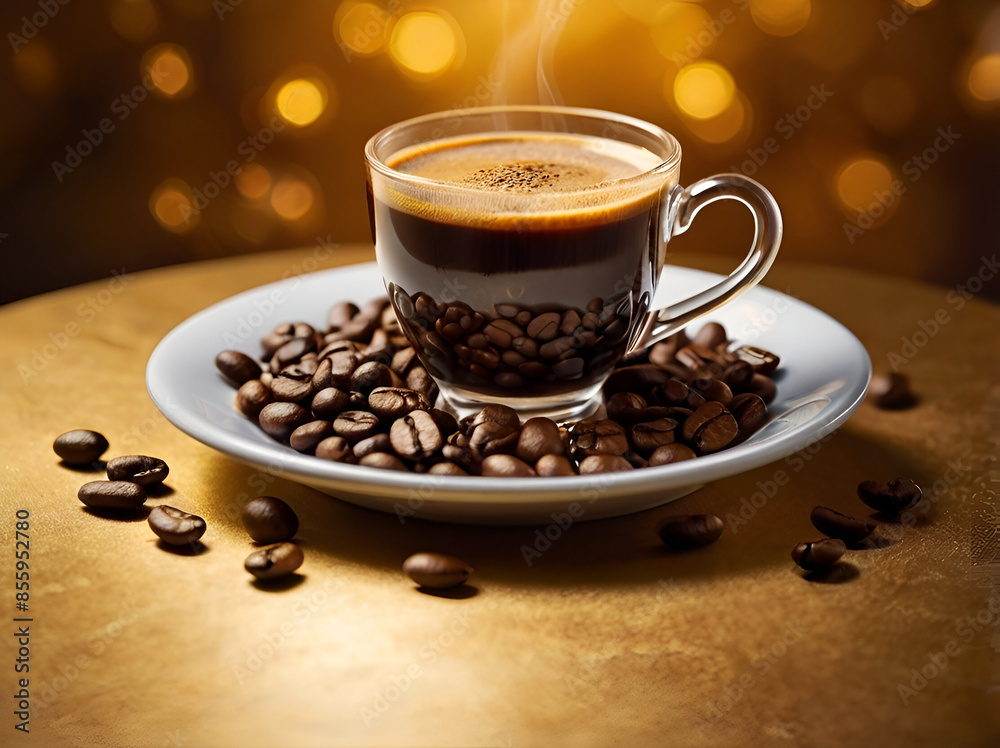 A cup of coffee with coffee beans on a table A cup of coffee with coffee beans on a table