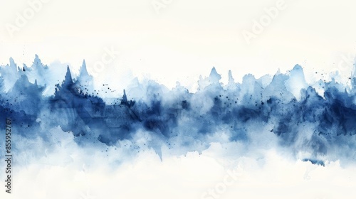Blue watercolor mountain landscape.