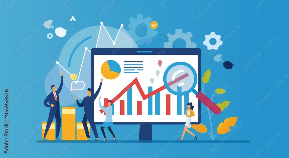 Business people working together on a notepad with graphs and growth bars, arrows and puzzle pieces and gears. Busy modern life, working together concept, advice, and support. Business people working together on a notepad with graphs and growth bars, arrows and puzzle pieces and gears. Busy modern life, working together concept, advice, and support.
