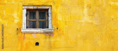 Italian style window on yellow wall. Copy space image. Place for adding text and design