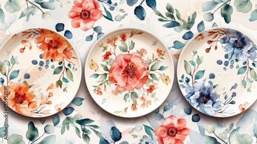 Three watercolor floral plates with orange and blue flowers.