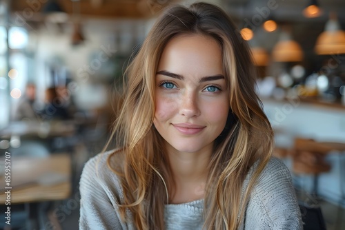 Long-haired woman with blue eyes sitting at table