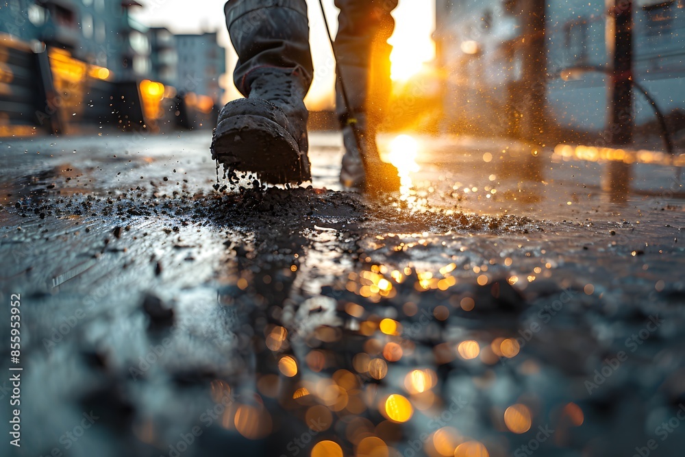 Obraz premium Person strides wet city pavement at dusk