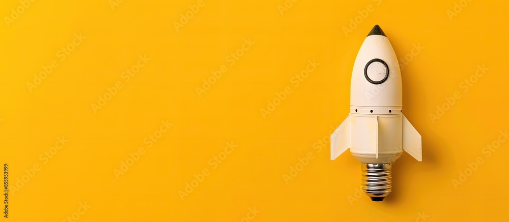 Spaceship launch inside light bulb on yellow background, business startup concept. Copy space image. Place for adding text and design Spaceship launch inside light bulb on yellow background, business startup concept. Copy space image. Place for adding text and design