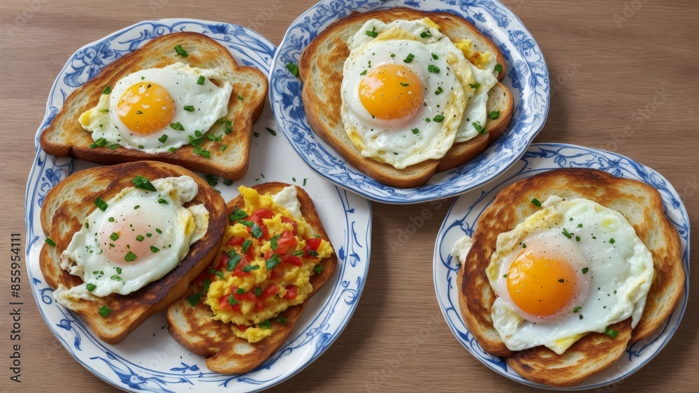 Breakfast toast with sunny-side-up and scrambled eggs Breakfast toast with sunny-side-up and scrambled eggs