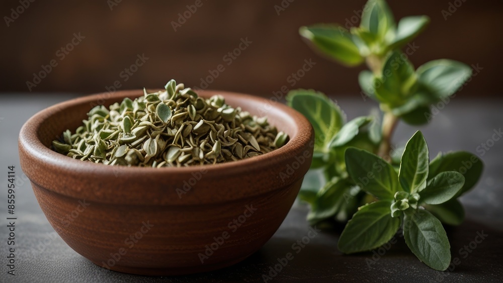 Dried oregano leaves in a wooden bowl with fresh oregano sprigs Dried oregano leaves in a wooden bowl with fresh oregano sprigs