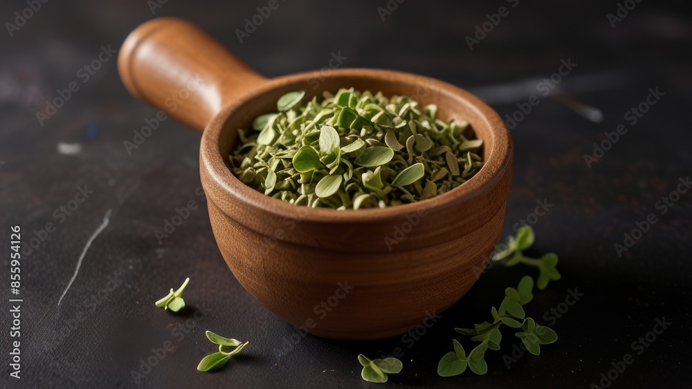 Wooden mortar with dried oregano leaves Wooden mortar with dried oregano leaves