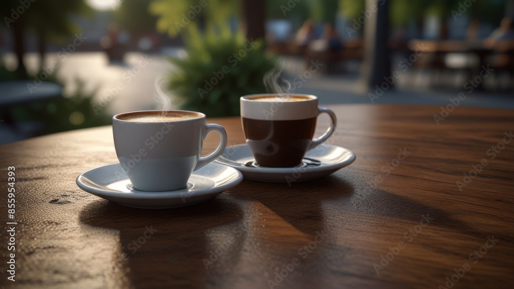 Obraz premium Steaming Coffee Cups in Outdoor Cafe