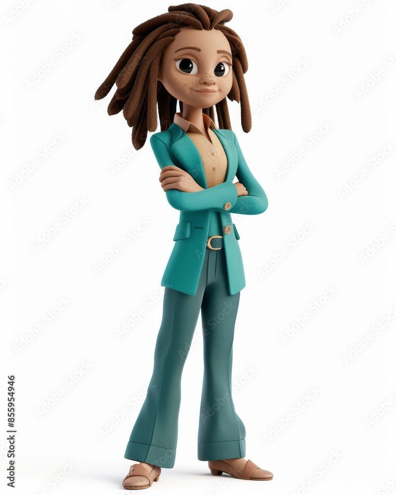 Isolated on white background, a cartoon portrait of smiling elegant businesswoman dressed in green suit. Beautiful african american woman with arms crossed. Isolated on white background, a cartoon portrait of smiling elegant businesswoman dressed in green suit. Beautiful african american woman with arms crossed.