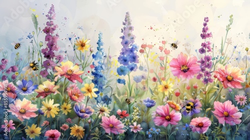 A watercolor painting of a field of flowers with bees. © yailek