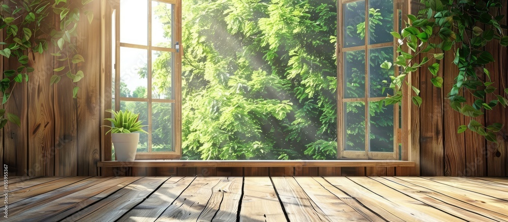 Fototapeta premium Window and wooden with summer window background. Copy space image. Place for adding text and design