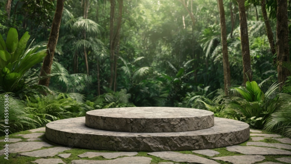 Stone podium in lush jungle Stone podium in lush jungle