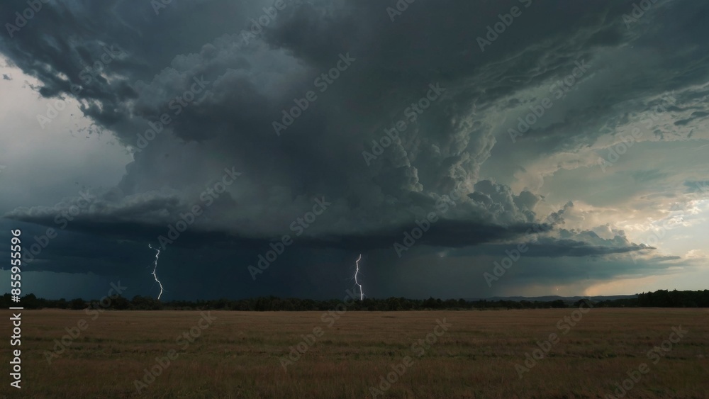 Thunderstorm with Lightning Strikes Over Open Field Thunderstorm with Lightning Strikes Over Open Field