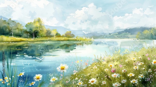 Fototapeta Naklejka Na Ścianę i Meble -  watercolor painting of a lake in the mountains with a field of flowers in the foreground