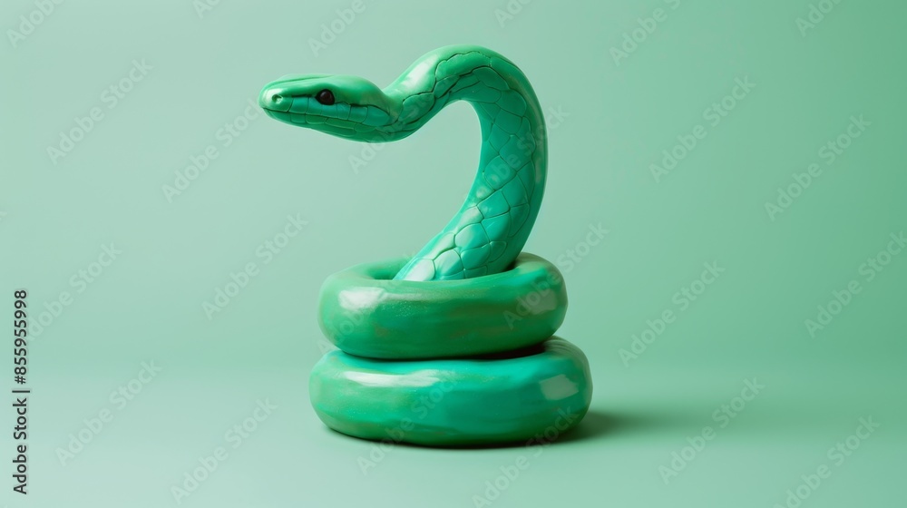 Fototapeta premium Green Snake Sculpture on Minimalist Background, Generative AI