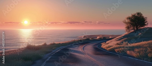 road and sea in sunset time. Copy space image. Place for adding text and design