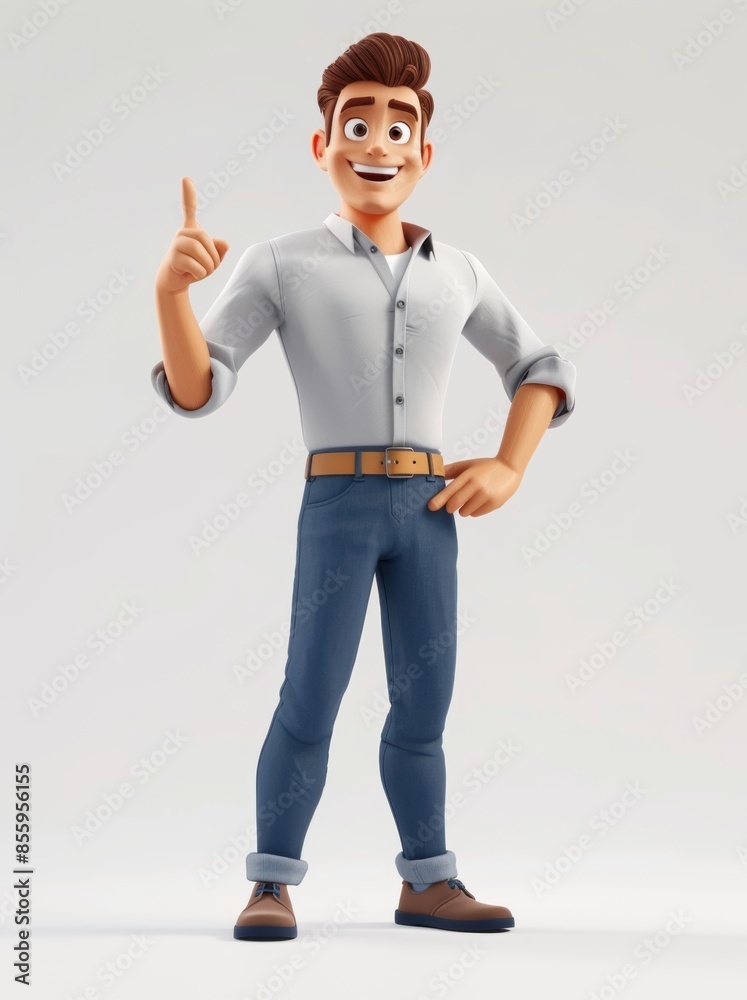A cartoon happy businessman is standing on a white background pointing with one finger at a direction. His hands are raised in the air. A cartoon happy businessman is standing on a white background pointing with one finger at a direction. His hands are raised in the air.