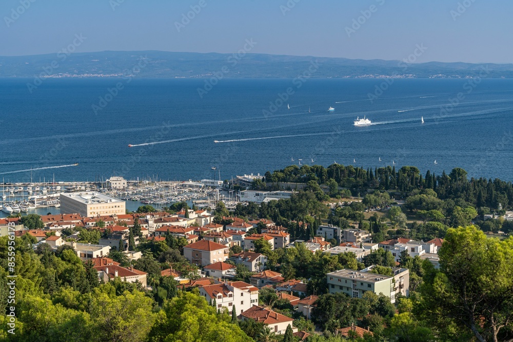 Fototapeta premium Aerial view of Split, Croatia, featuring the marina, residential area, and the Adriatic Sea