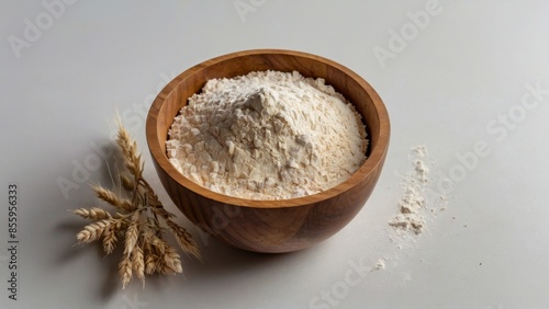 Wooden bowl of flour with wheat stalks