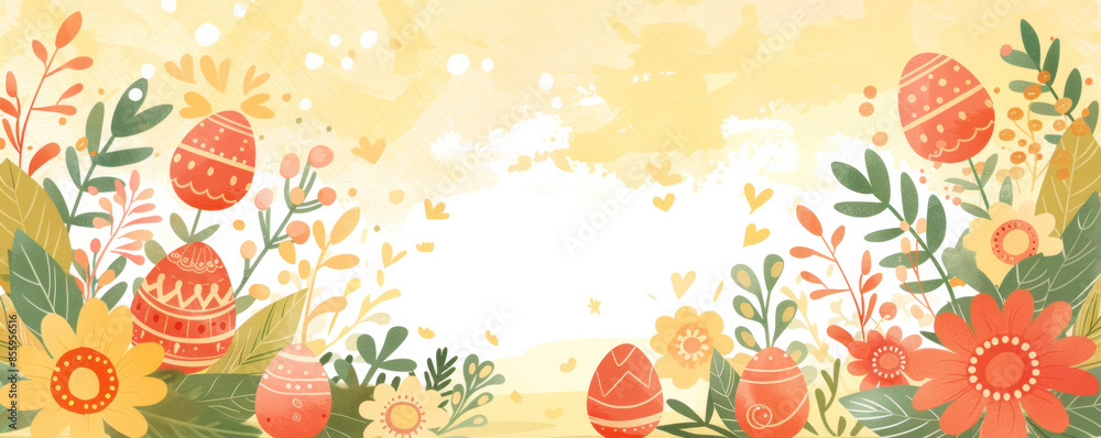 A colorful painting of a field of flowers with a large number of eggs scattered throughout. The painting has a cheerful and playful mood, with the eggs adding a sense of whimsy and fun to the scene A colorful painting of a field of flowers with a large number of eggs scattered throughout. The painting has a cheerful and playful mood, with the eggs adding a sense of whimsy and fun to the scene