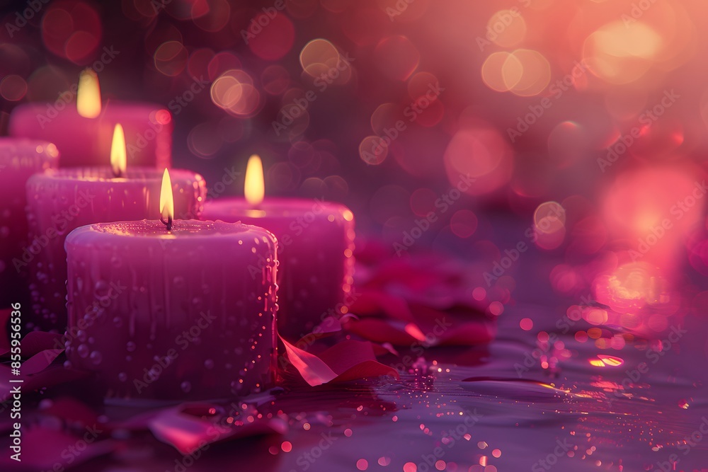 Lit candles on table with petals scattered around Lit candles on table with petals scattered around