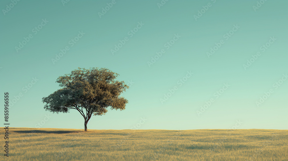 Lonely tree in the middle of a grassy field under a clear blue sky Lonely tree in the middle of a grassy field under a clear blue sky
