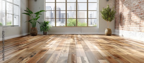 Carpenter installing laminate flooring in room. Copy space image. Place for adding text and design