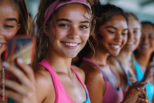 Multiple females in pink and blue swimwear capturing an image