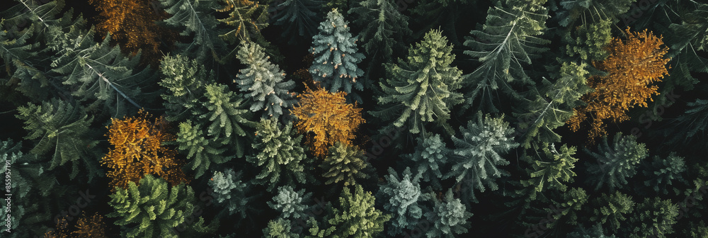 Top view of the forest. Green spruce and deciduous trees from above