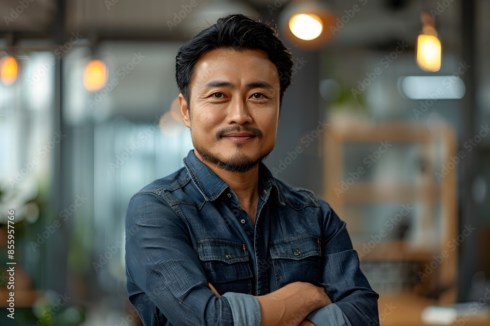 Obraz premium Mustached man in denim shirt, arms crossed