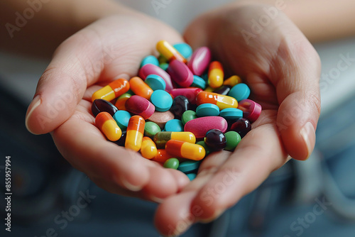 Closeup shot of a hand holding a variety of colorful pills, detailed view, white background