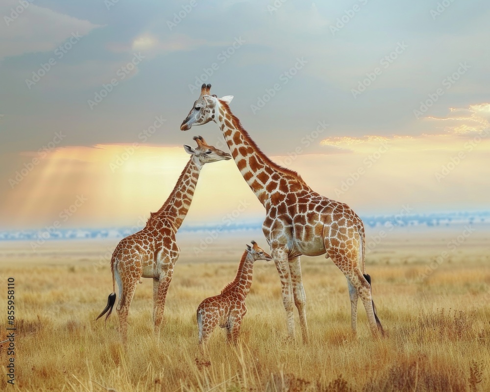 Fototapeta premium Three giraffes standing in a field with the sun shining on them