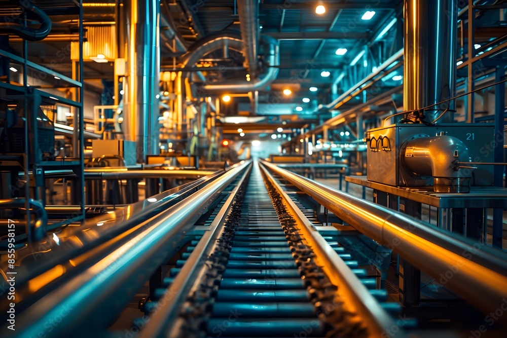 Close-up train track factory many pipes Close-up train track factory many pipes