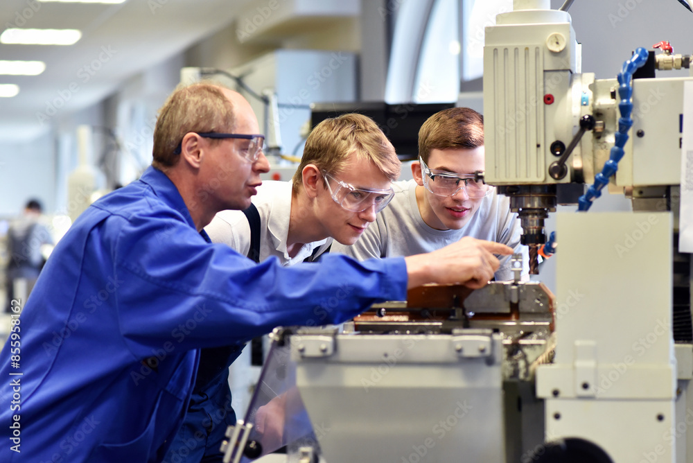 young apprentices in technical vocational training are taught by older trainers on a cnc lathes machine young apprentices in technical vocational training are taught by older trainers on a cnc lathes machine