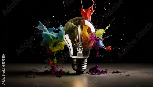 Conceptual abstract illustration in grangy style, with light bulb and colorful splashing shapes. photo