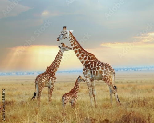 Three giraffes standing in a field with the sun shining on them