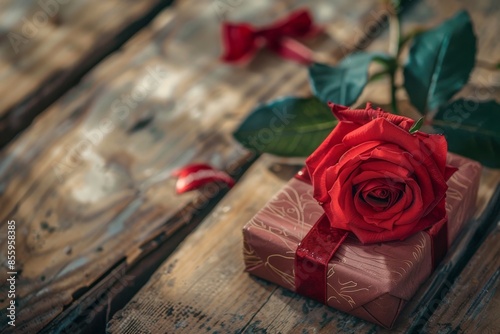Romantic background with red rose and heart-shaped gift on wooden slat table and bow. Elevated view.