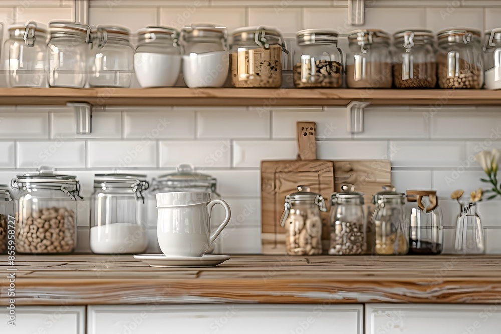 Multiple jars and containers stocked on kitchen shelves