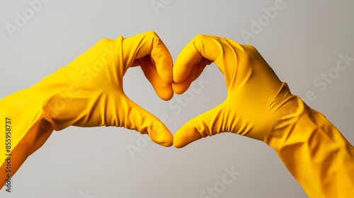 Yellow rubber gloves forming heart shape against white background.