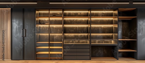 Luxury wardrobes in the dressing room with roll-out metal shelves. Cabinets made of alder veneer and alder wood. Copy space image. Place for adding text and design
