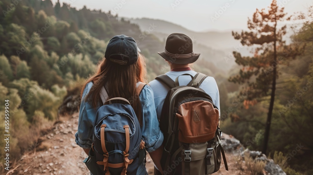 Couple Hiking in the Mountains at Sunset Couple Hiking in the Mountains at Sunset