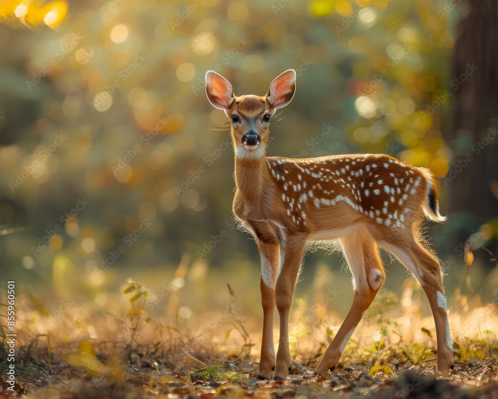 A baby deer stands in the grass with its head up A baby deer stands in the grass with its head up