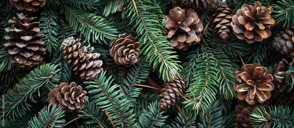 Naklejka premium Winter time decor background, viewed from above pine cones and green boughs. Natural simple decoration framed. . Copy space image. Place for adding text and design