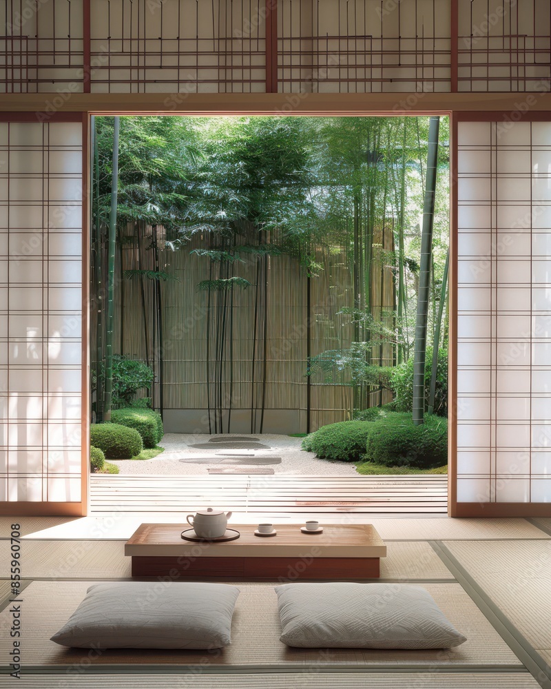 Traditional Japanese artwork and bamboo plants in an Engawa seating area Traditional Japanese artwork and bamboo plants in an Engawa seating area