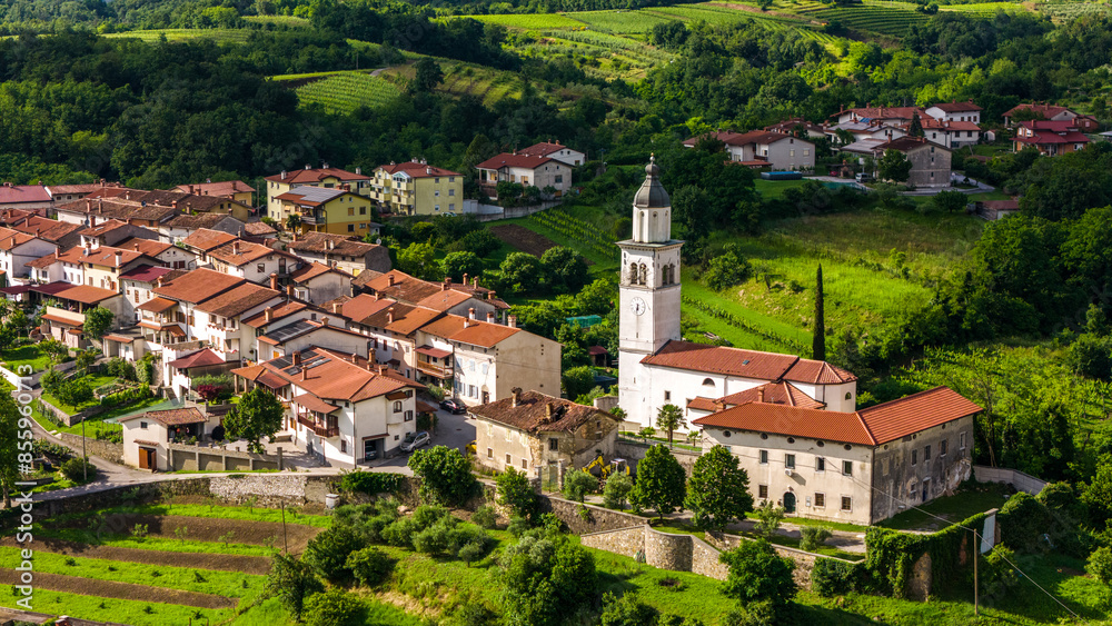Obraz premium Stunning Drone Shot of Vipava Valley Town and Vineyards