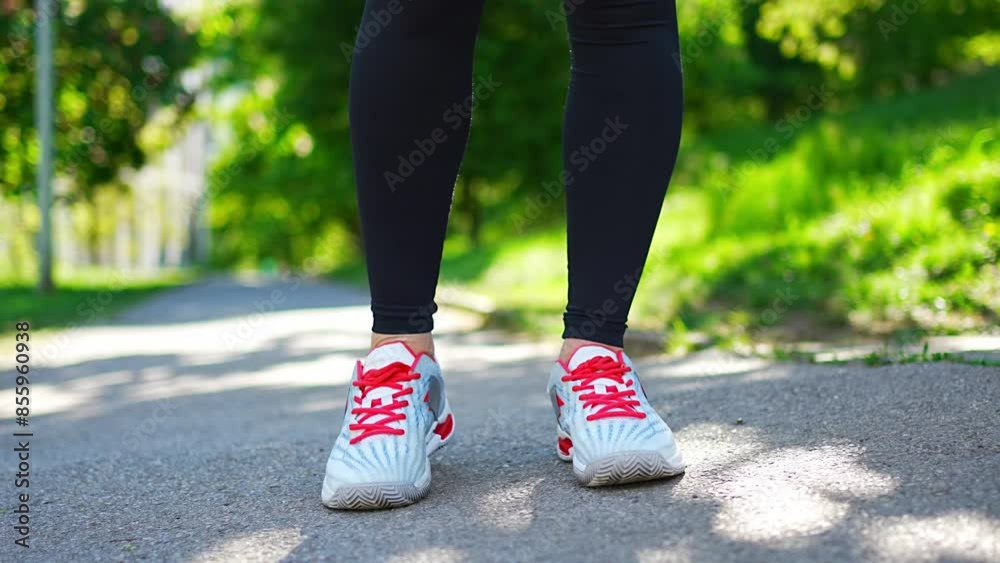 Young woman in black sportswear is doing feet and legs warm-up exercises in city park. Warm up before running or jogging. Outdoor sports training concept Young woman in black sportswear is doing feet and legs warm-up exercises in city park. Warm up before running or jogging. Outdoor sports training concept