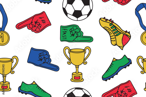 Seamless pattern of clothing and paraphernalia of football players in doodle style. Football decorative illustration. 
