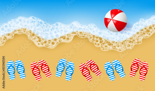 Multicolored beach sandals on the seashore