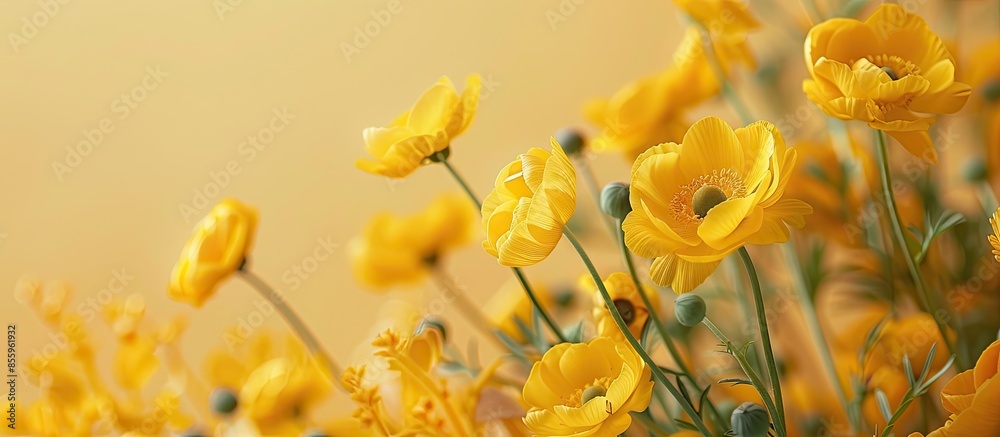 Obraz premium Yellow wildflowers buttercup Isolated on pastel background. flower Ranunculus acris. Copy space image. Place for adding text and design